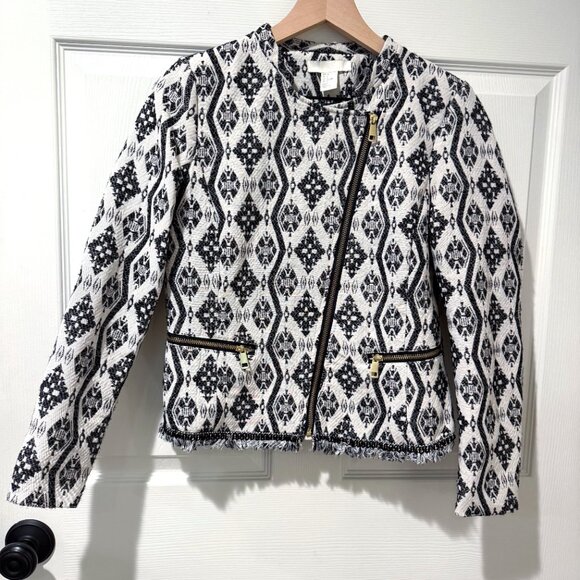 H&M Black White Jacquard Tweed Diamond Pattern Gold Zipper Fringe Jacket Art 8 - Picture 1 of 13
